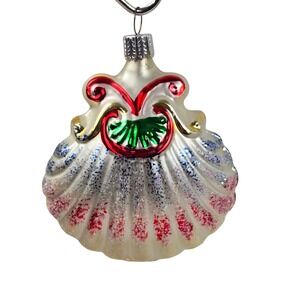 Vtg 90s Glass Clamshell Ornament Glitter Painted Coastal White 3.5" Germany MINT